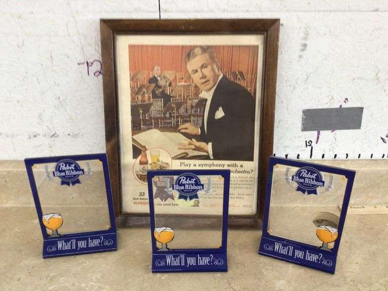 3 PABST BLUE RIBBON MENU HOLDERS & FRAMED 1945 MAGAZINE AD