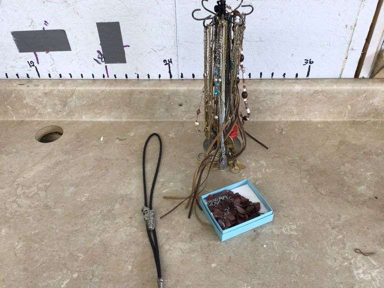 NECKLACE STAND, NECKLACES AND WESTERN BOLO TIE