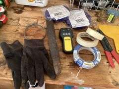 WIRE BASKET OF MISC GARAGE ITEMS & TOOLS