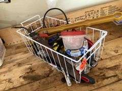 WIRE BASKET OF MISC GARAGE ITEMS & TOOLS