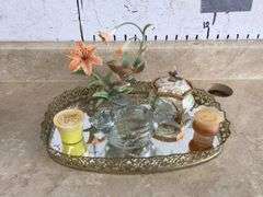 TRAY OF BIRD & VANITY ITEMS-WINGS BROKEN ON TRINKET BOX
