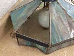 STAINED GLASS HANGING TABLE LAMP W/GLASS PIECES-NEEDS REPAIR