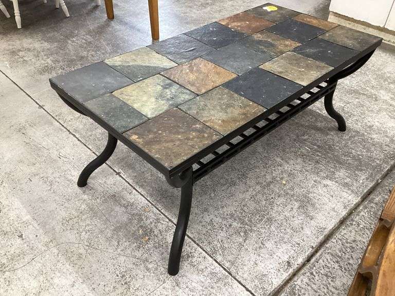 STONE TILE AND METAL COFFEE TABLE