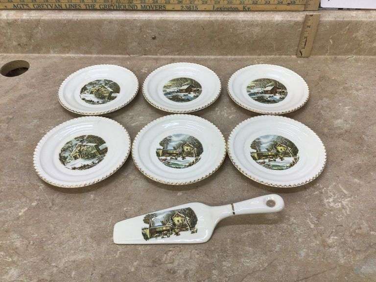HARKERWARE CURRIER AND IVES 6-1/4” PIE PLATES AND PIE SERVER