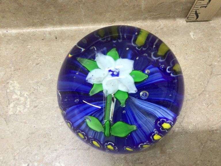 LARGE 3-/12” BLUE FLORAL PAPERWEIGHT