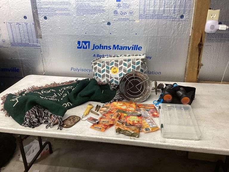 DEER BLANKET, HOT WARMERS, EMERSON BINOCULARS AND PROPANE HEATER