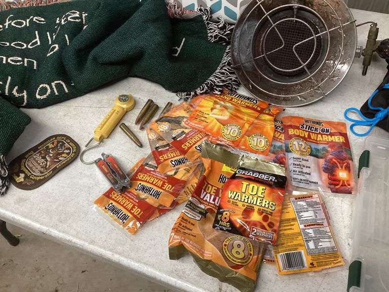 DEER BLANKET, HOT WARMERS, EMERSON BINOCULARS AND PROPANE HEATER