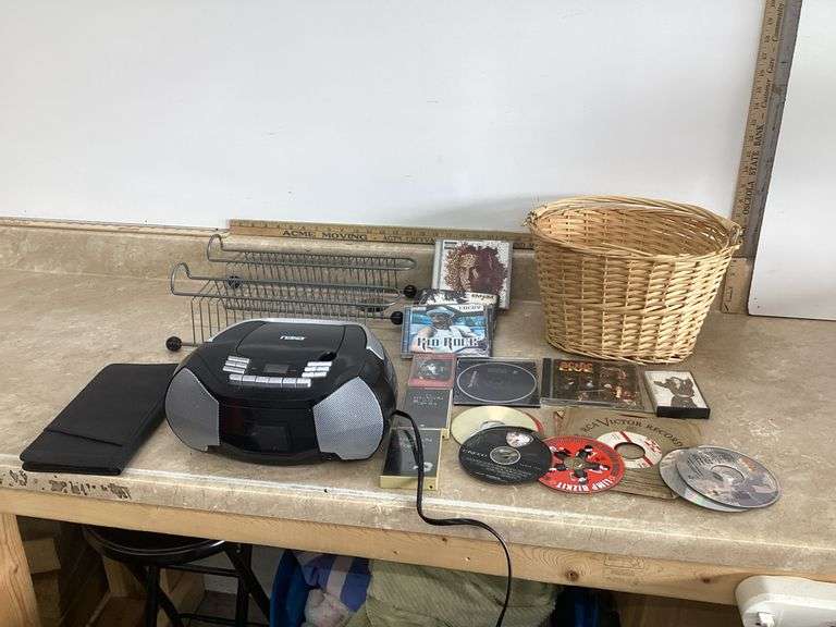 CD'S, BOOMBOX AND MORE IN TOTE (NO LID)