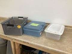 2 SMALL TOTES W/LIDS IN SMALL BASKET