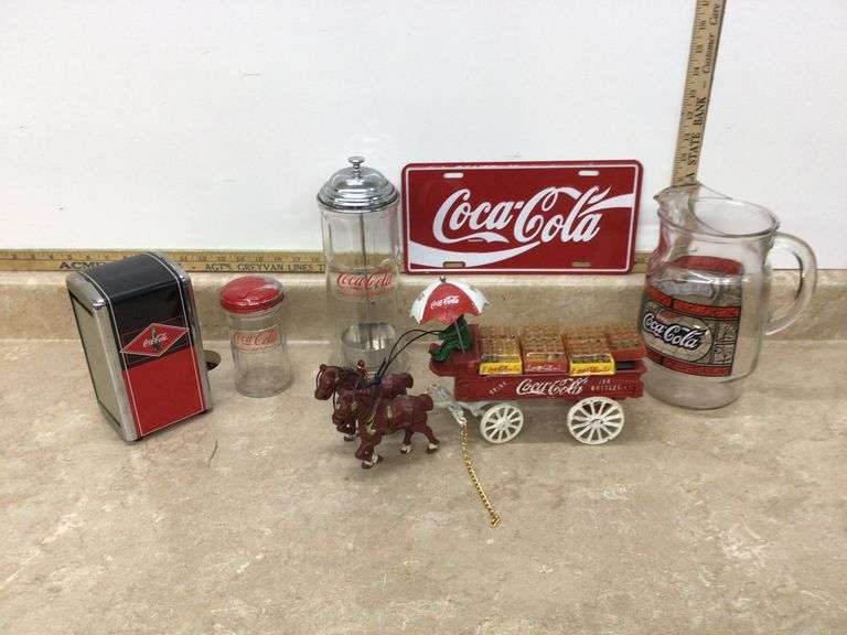 CAST IRON COCA-COLA HORSE AND WAGON, STRAW DISPENSER, PITCHER, AND MORE