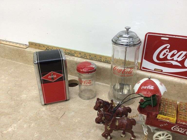 CAST IRON COCA-COLA HORSE AND WAGON, STRAW DISPENSER, PITCHER, AND MORE