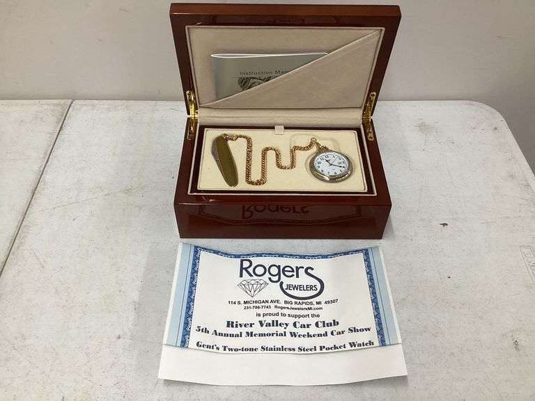 ROGERS TWO TONE STAINLESS STEEL POCKET WATCH IN CASE