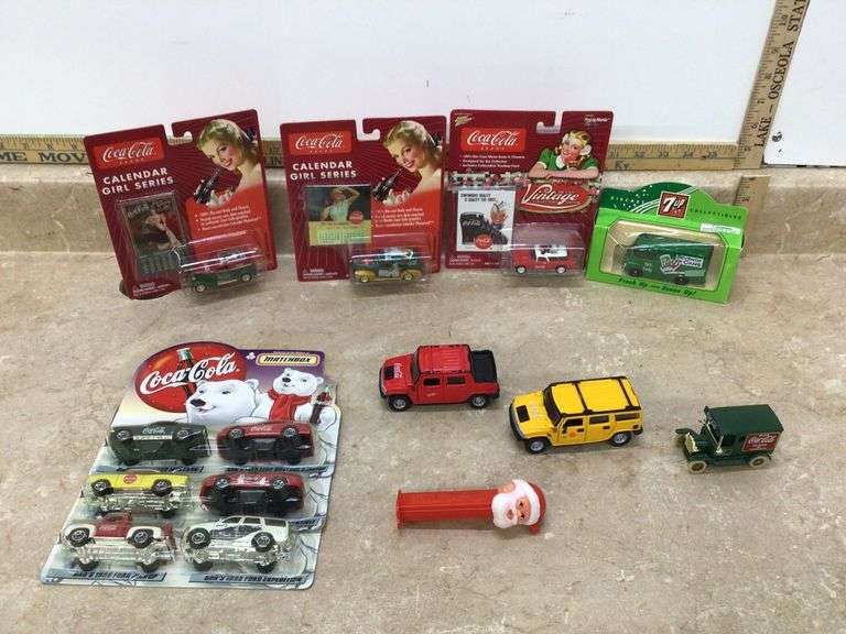COCA-COLA COLLECTIBLE DIE CAST CARS, PEZ DISPENSERS, AND 7-UP TRUCK