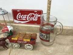 CAST IRON COCA-COLA HORSE AND WAGON, STRAW DISPENSER, PITCHER, AND MORE