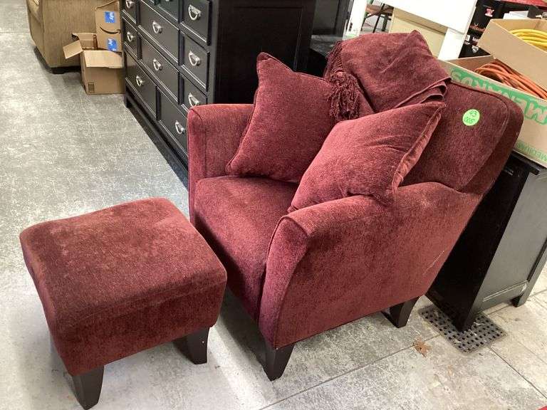 UPHOLSTERED CHAIR W/FOOTSTOOL, 2 THROW PILLOWS, AND BLANKET