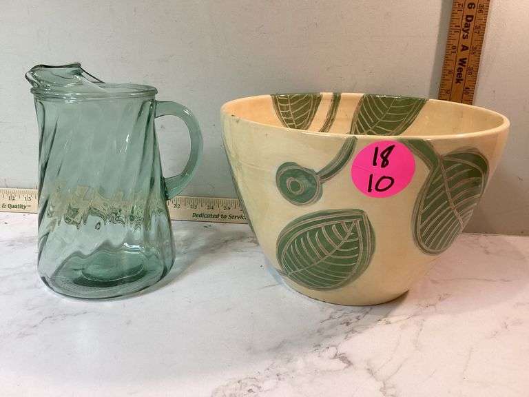 LARGE VINTAGE MIXING BOWL AND GREEN GLASS WATER PITCHER