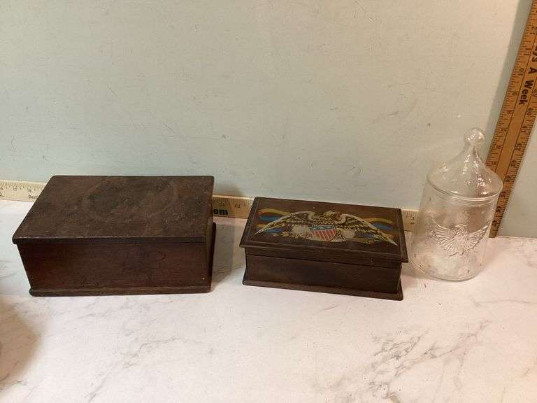 2 VINTAGE WOODEN TRINKET BOXES AND “EAGLE WITH STARS” GLASS JAR WITH LID