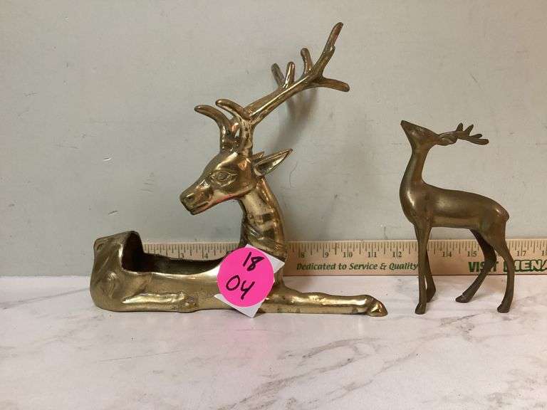 BRASS REINDEER PLANTER AND SMALL BRASS DEER FIGURINE