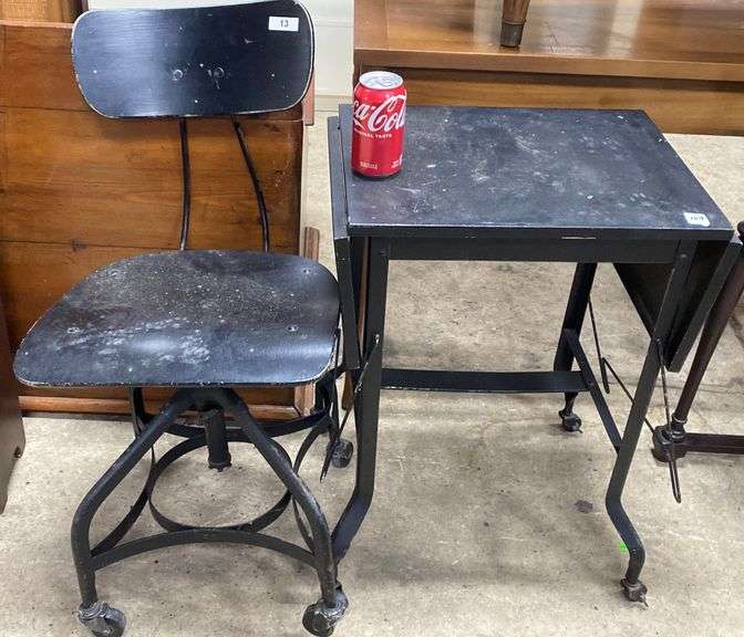 Vintage Industrial Metal Typewriter Table + Stool, Missing A Wheel
