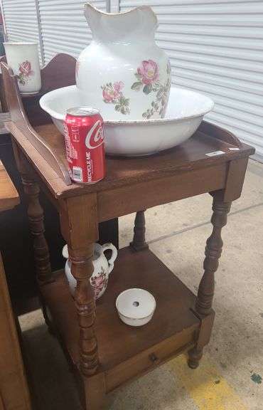 Antique Softwood Washstand + Floral Ironstone Wash Set