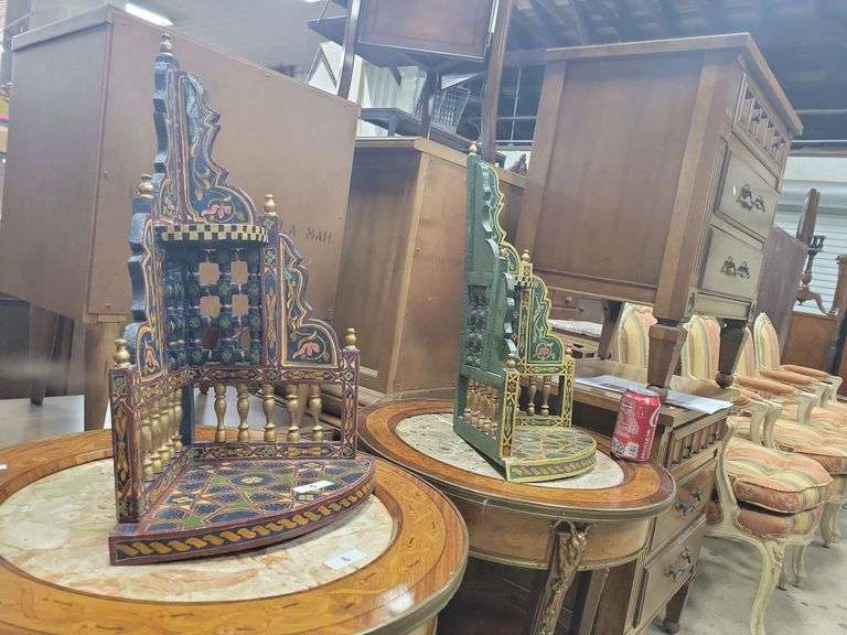 (2) Ethnographic Painted Decorated Hanging Corner Shelves