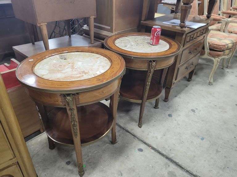Pair Louis XV Style Marble Top Inlaid Walnut Cocktail Tables