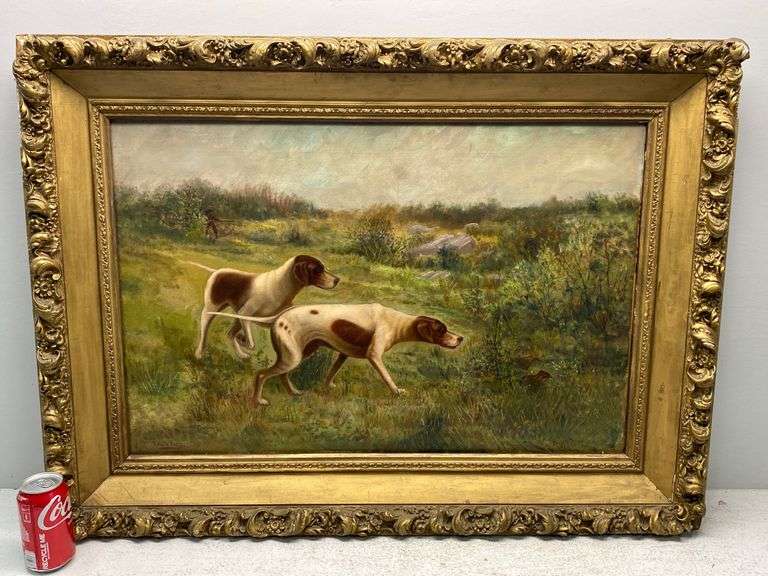 Antique Oil On Canvas Painting Of Dogs Flushing Game, Bearing Signature