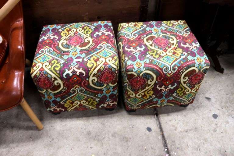 Pair Modern Boho Upholstered Ottomans, One Button Missing