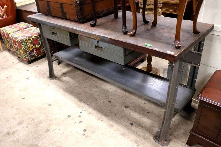 Vintage Industrial Metal Factory Workbench