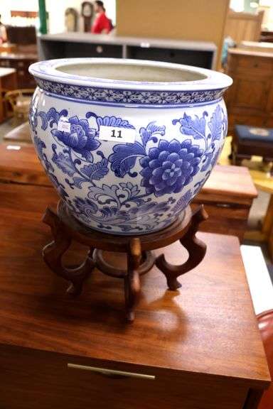 Asian Blue and White Porcelain Planter with Stand, Hairlines