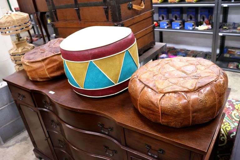 (3) MCM Ottomans Including Tooled Leather