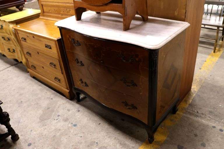 Louis XVI Style Inlaid Walnut Marble Top Chest