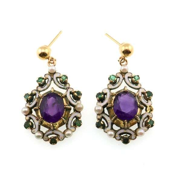 9k Gold Vintage Enamel Amethyst, Emerald & Pearl Dangle/Drop Post Earrings 10.9g