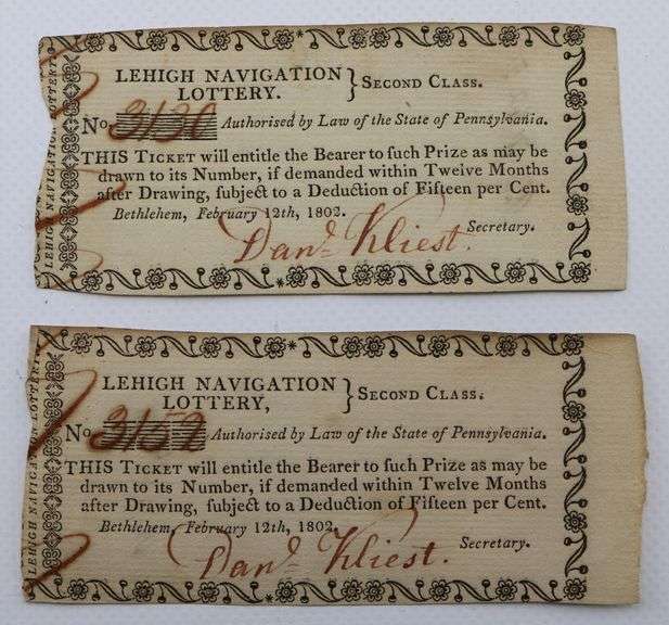 (2) Lehigh, Pennsylvania Navigation Lottery 1802 Lottery Tickets