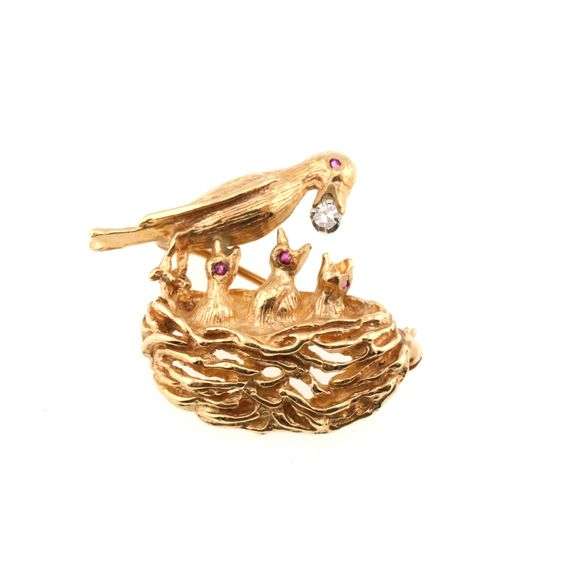 14k Gold Bird on Nest Pin with Lab Rubies & Diamond 4.8g