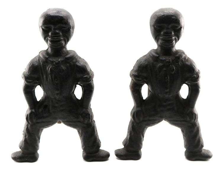 Pair Cast Iron Andirons Depicting African American Men