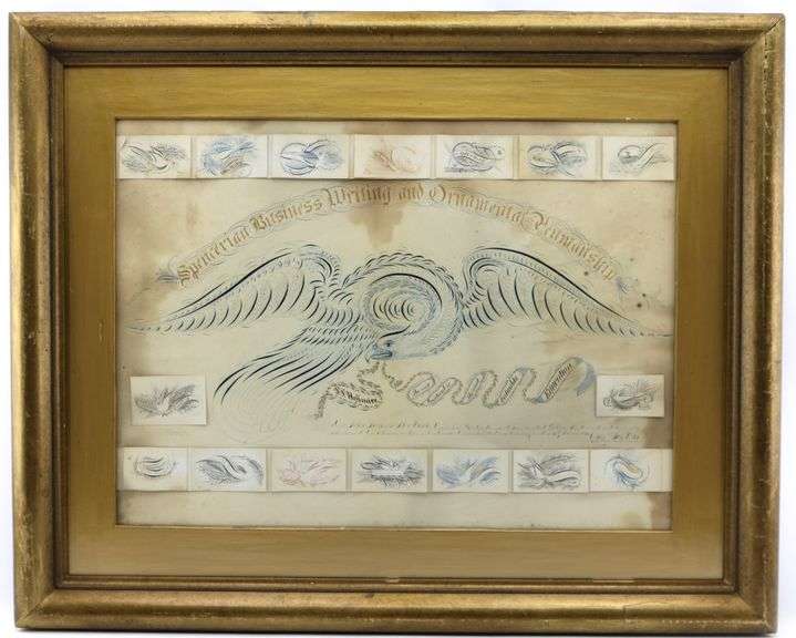 American Folk Art Spencerian Penmanship Eagle Drawing and Salesman's Sample Display