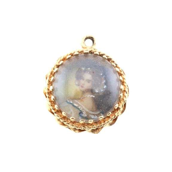 14k Gold Vintage Hand Painted Miniature Portrait Pendant 2.1g