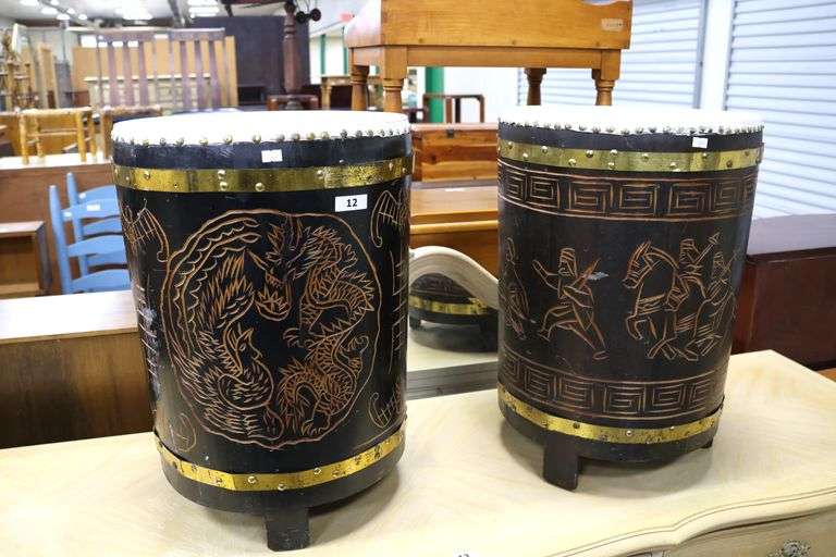Pair MCM Ethnographic Drum End Tables