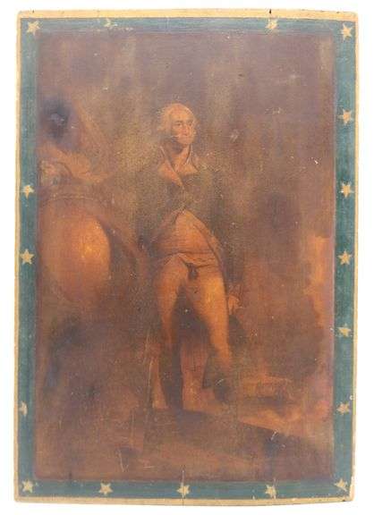 George Washington Centennial Lithograph on Pine Panel With Folk Art Painted Border
