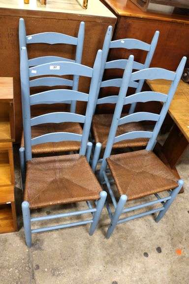 (4) Farmhouse Painted Ladder Back Rush Seat Chairs