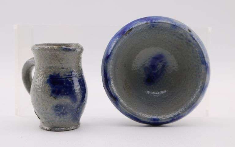 Antique miniature cobalt-decorated stoneware wash pitcher and basin