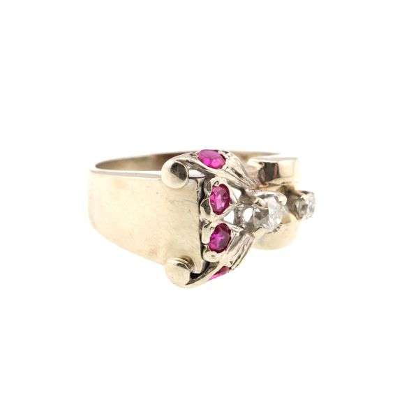 14k Gold Retro 0.30 ct Diamond & Lab Ruby Ring 5.8g