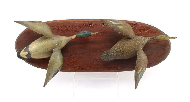 Ira D. Hudson (VA/MD 1873-1949) exceptional carved and painted one-half size mallard ducks plaque