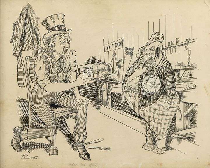 U.S. 1908 Presidential Campaign Taft/Bryan Political Cartoon Pen and Ink Signed Pritchett