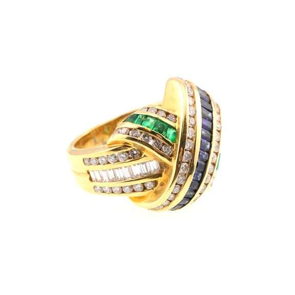 18k Gold Krypell 1.75 ct Diamond, Natural Sapphire & Natural Emerald Ring 16.6g