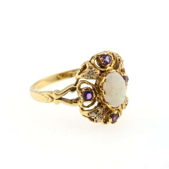 18k Gold Fm Opal, Amethyst & Diamond Ring 6.4g