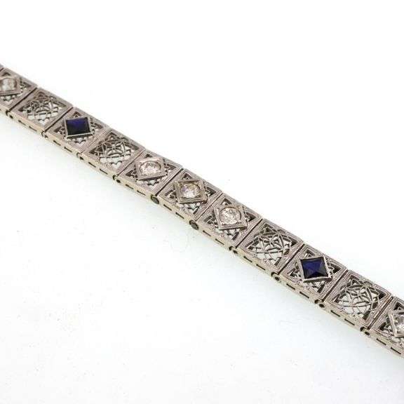 14k & 1/3 Platinum Top Vintage 1.00 ct Diamond & Lab Sapphire Filigree Bracelet 13.2g