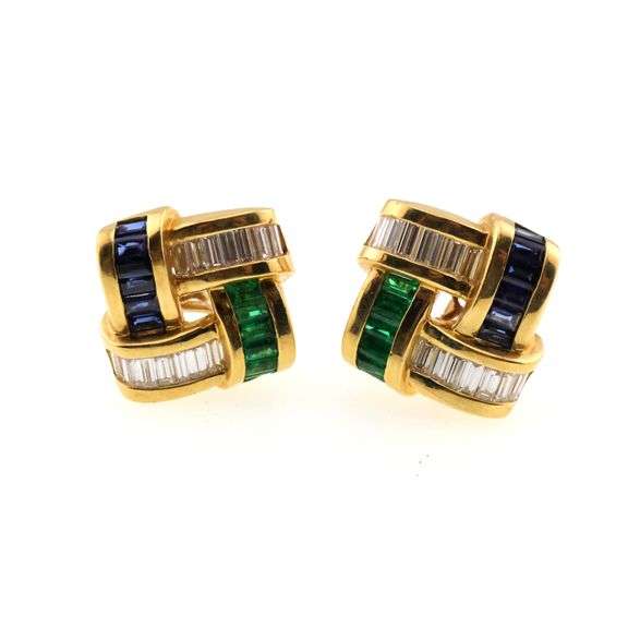 18k Gold Krypell 1.0 ct Diamond, Natural Sapphire & Natural Emerald Omega Back Earrings 22.8g