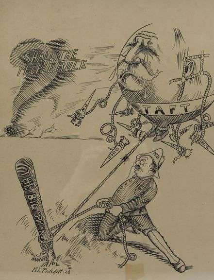 Theodore Roosevelt "The Big Stick" U.S. Presidential Campaign Political Cartoon Pen and Ink Drawing